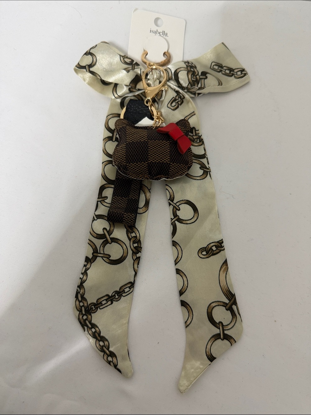 Fashion Jewelry Brown Checkered Dog Keychain with Red Bow and Gold Hardware